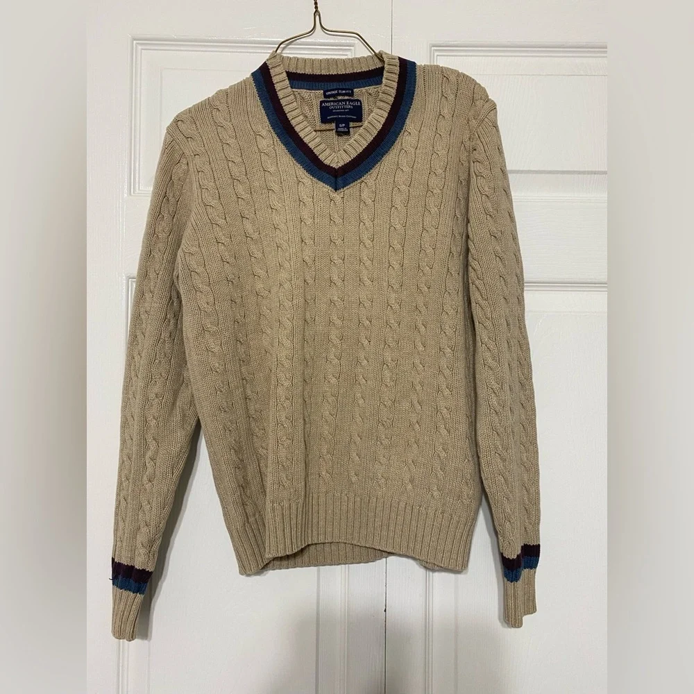 American Eagle vintage slim fist Men's Beige Cable Knit V-Neck size S